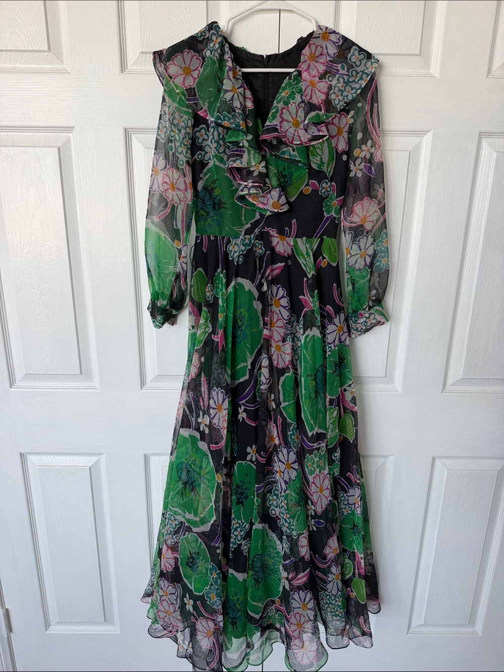 Floral Ruffle Maxi Dress in Black and Green
